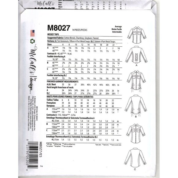 McCall's M8027 Misses 14 to 22 Button Front Tops UNCUT Sewing Pattern - Picture 2 of 2